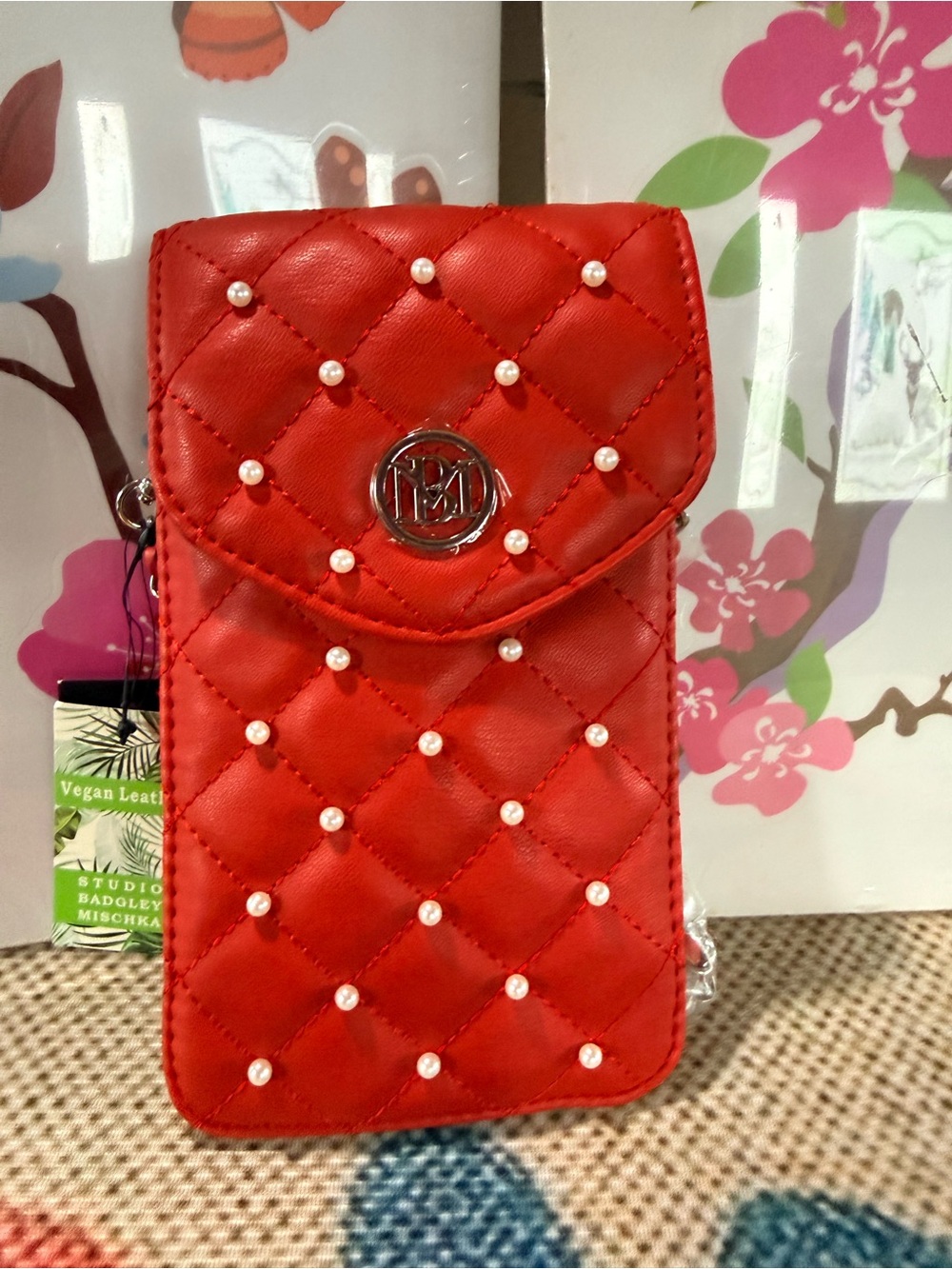 Badgley Mischka Red Quilted Pearl-Stud Phone Crossbody